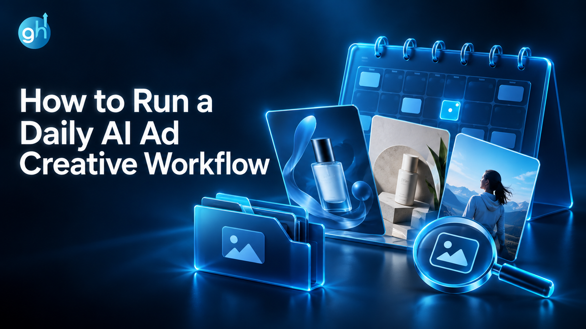 How to Run a Daily AI Ad Creative Workflow, with a calendar, references, and distinct creative concepts.