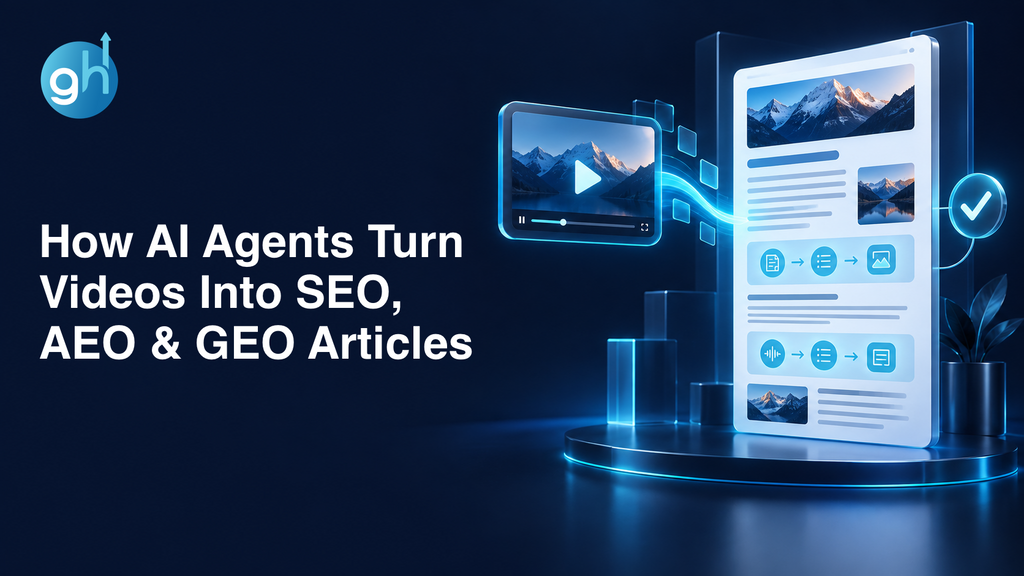 How AI Agents Turn Videos Into SEO, AEO & GEO Articles — a source video becomes a structured article with human approval.